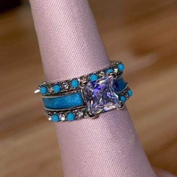 New 3-ring set Sz 6 Silver Turquoise Solitaire Band Stone Native Layered - Picture 2 of 8